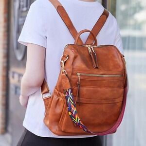 Large tan travel backpack Faux Leather Unisex Workwear Shoulderbag School